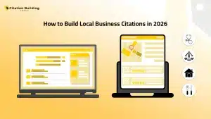 Infographic illustrating how to build local business citations in 2026, featuring a laptop and tablet with a map, and service icons for health, law, home, and food.
