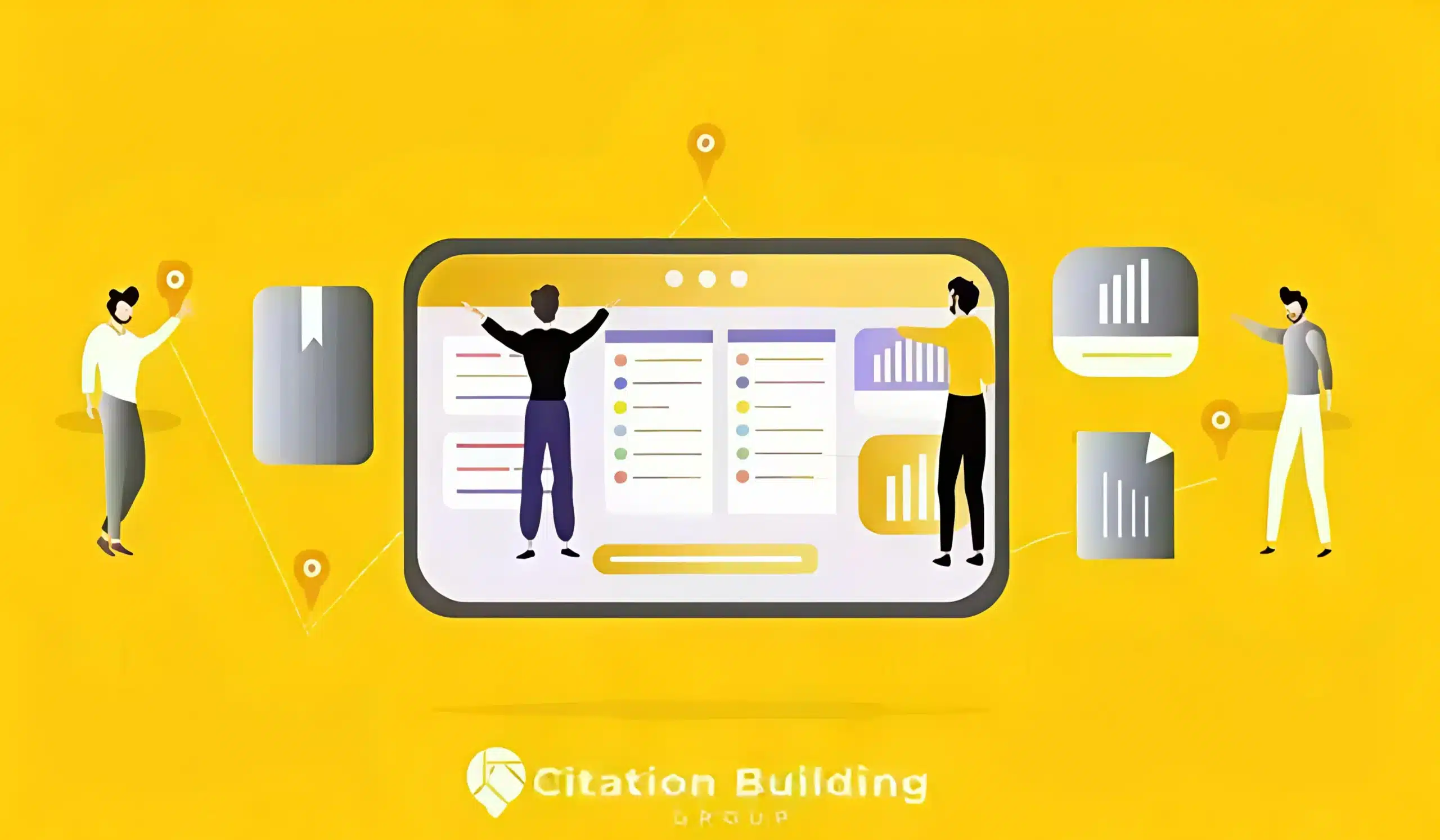 Local Citation Management Team characters performing data audits for Local Citation Management on a tablet.