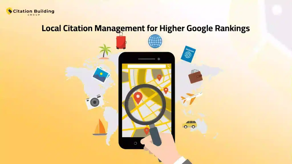 Smartphone with magnifying glass illustrating Local Citation Management for higher rankings.