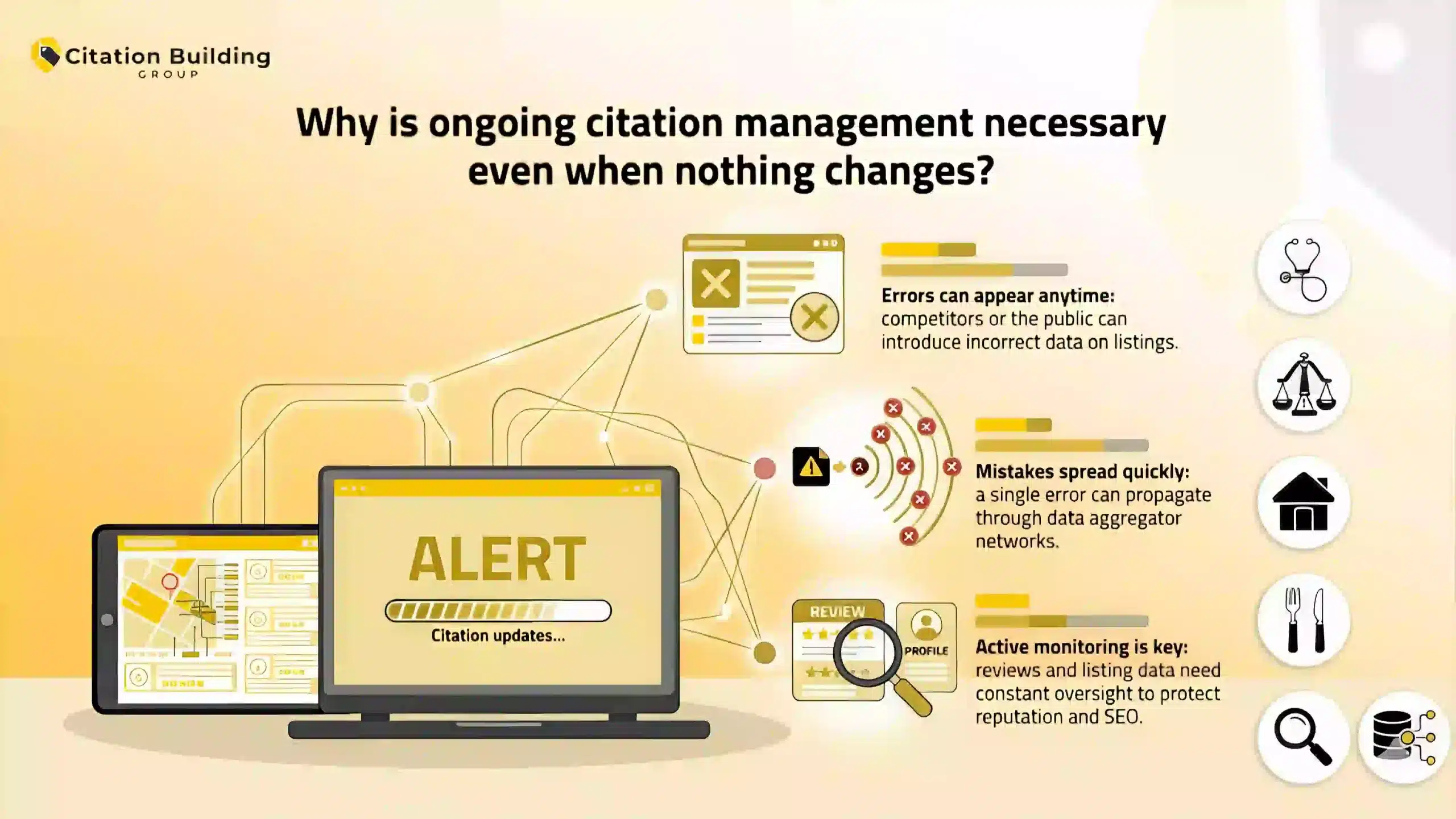 Local Citation Management Laptop displaying alerts for ongoing Local Citation Management and error monitoring.