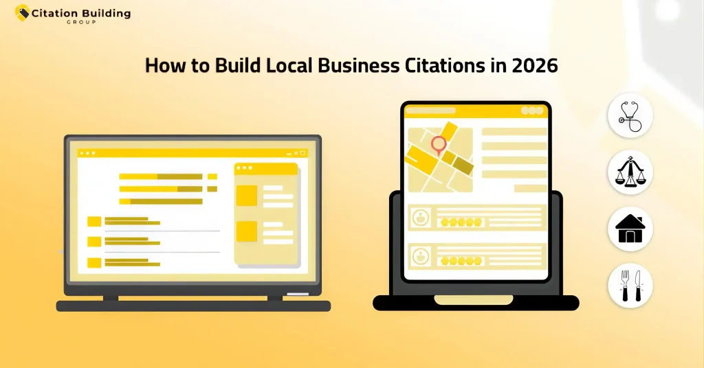 Infographic illustrating how to build local business citations in 2026, featuring a laptop and tablet with a map, and service icons for health, law, home, and food.