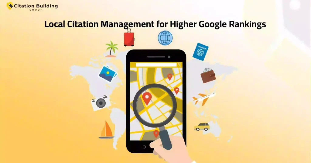 Smartphone with magnifying glass illustrating Local Citation Management for higher rankings.